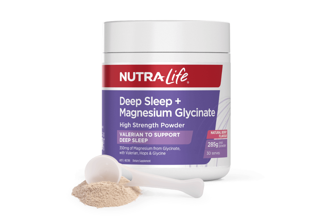 NutraLife Deep Sleep + Magnesium Glycinate powder container with a scoop of powder on a white background