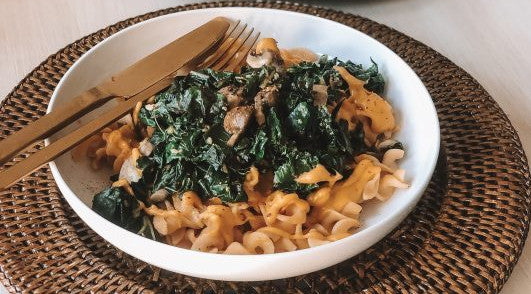 Red Lentil Pasta with Mushrooms, Silverbeet & Bechamel Sauce by Sami Bloom