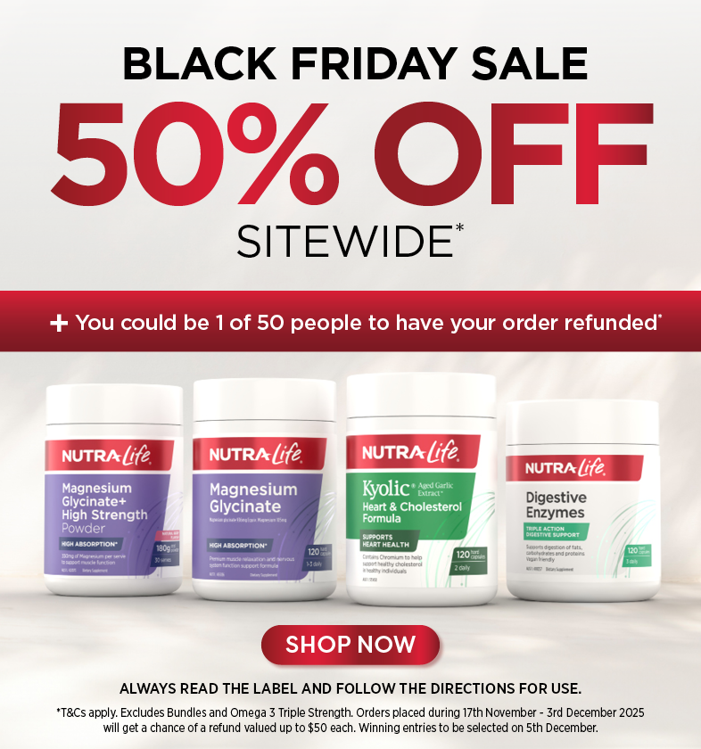NutraLife supplement bottles with Black Friday sale text on a white background