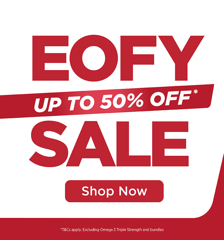 EOFY sale advertisement with red text on a white background