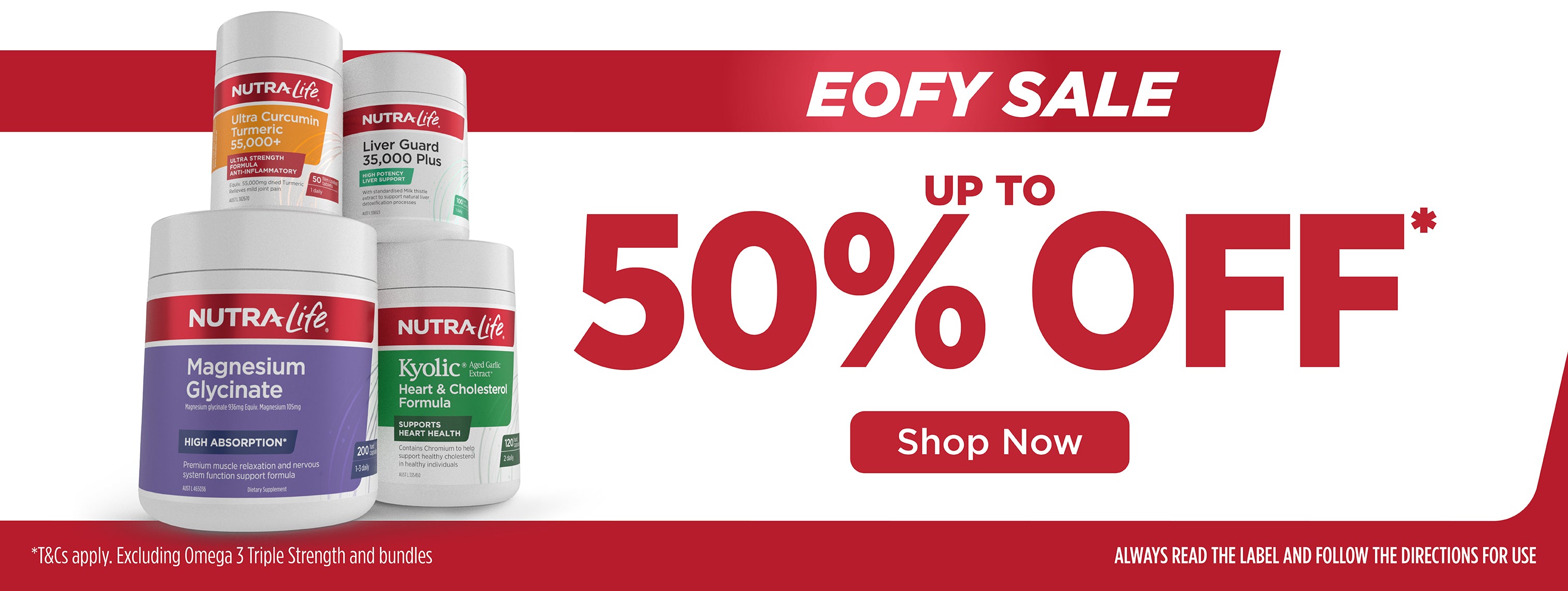 Promotional banner for NutraLife products with a 50% off sale offer.