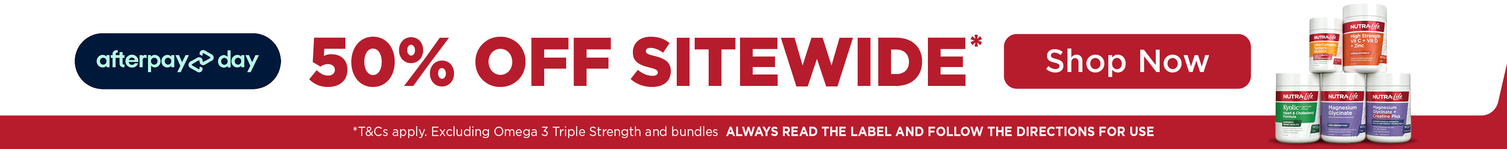 Promotional banner with Afterpay 2-day logo, large text reading '50% OFF SITEWIDE', a red 'Shop Now' button, and a small product group on the right showing supplement bottles.