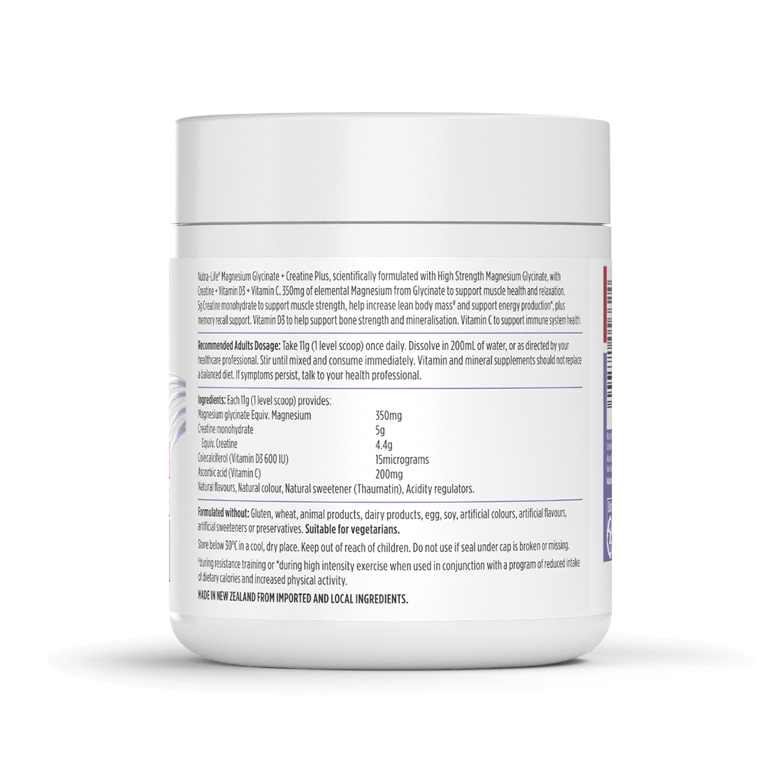Nutra-Life Magnesium Glycinate + Creatine Plus supplement container with powder back of pack