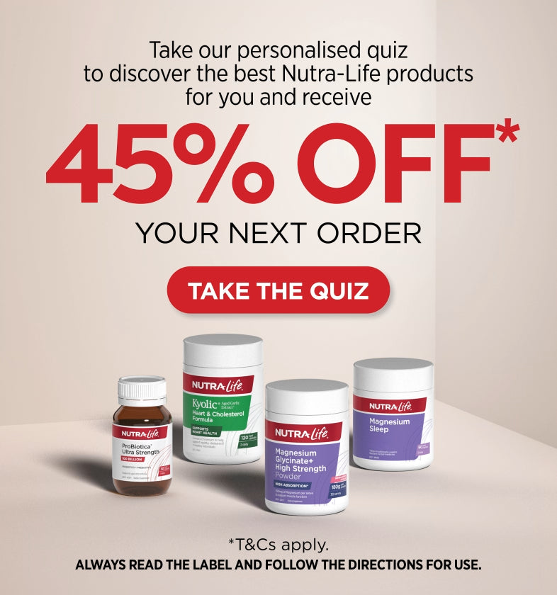 Nutra-Life products with a 45% off offer and a 'Take the Quiz' button.