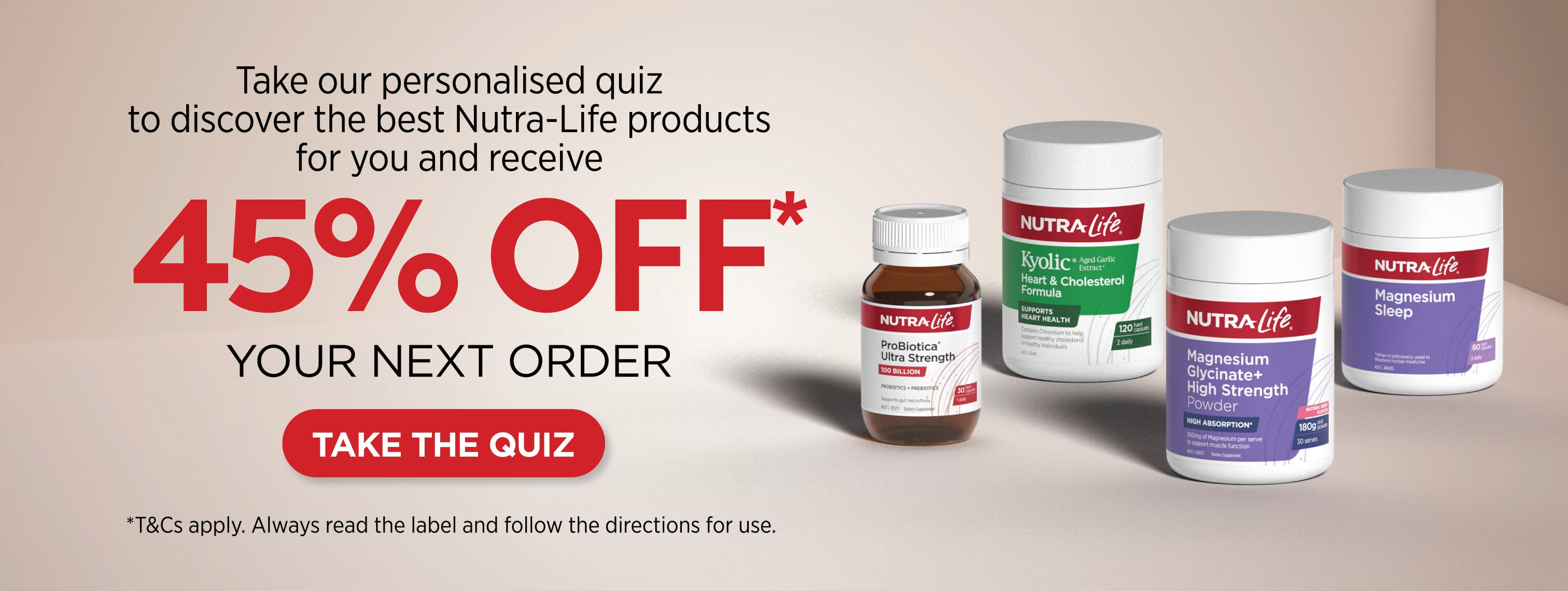 Nutra-Life products with a 45% off offer and a 'Take the Quiz' button.