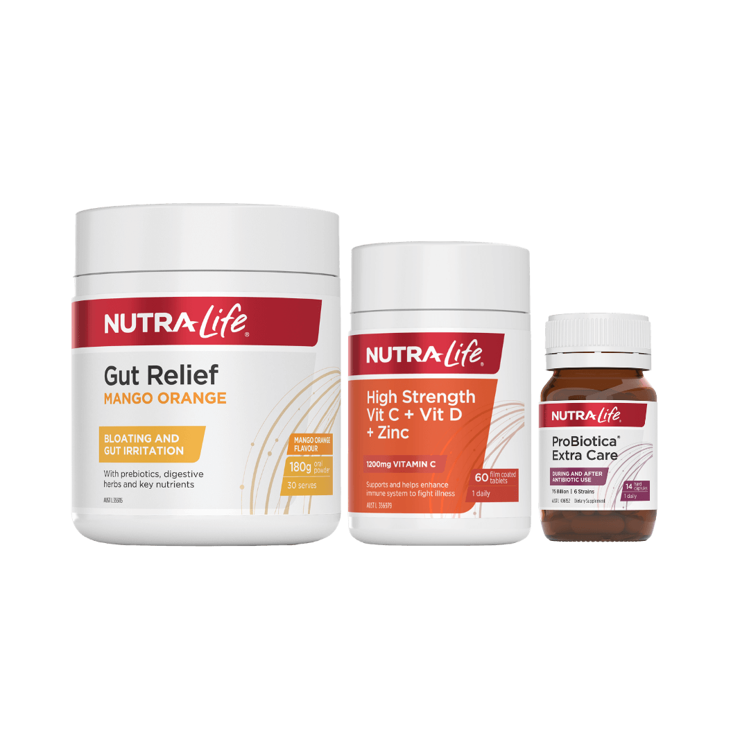 gut relief, high strength vit C + Vit D + Zinc and Probiotica extra care 