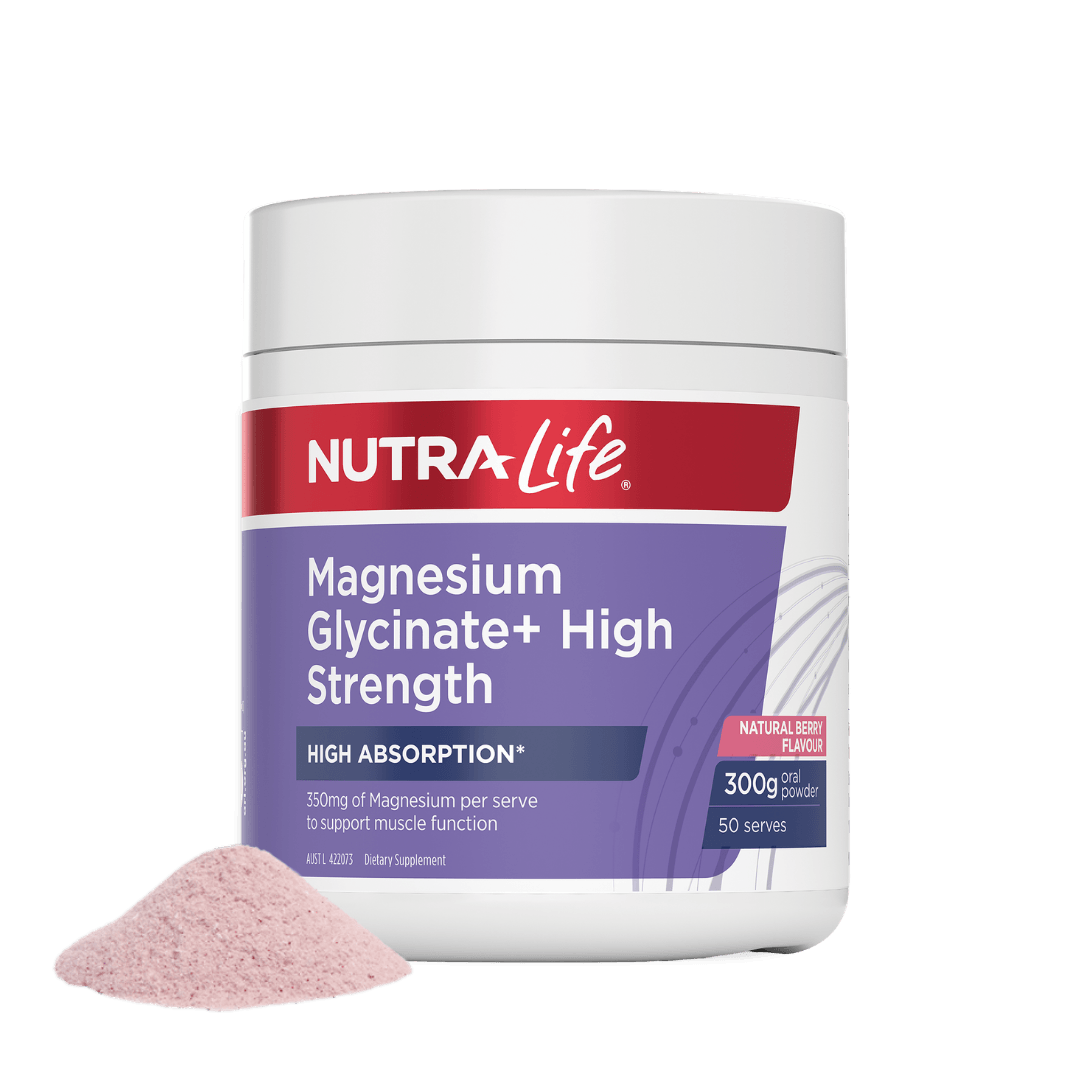 NutraLife Magnesium Glycinate+ High Strength 300g supplement container with a small scoop of powder