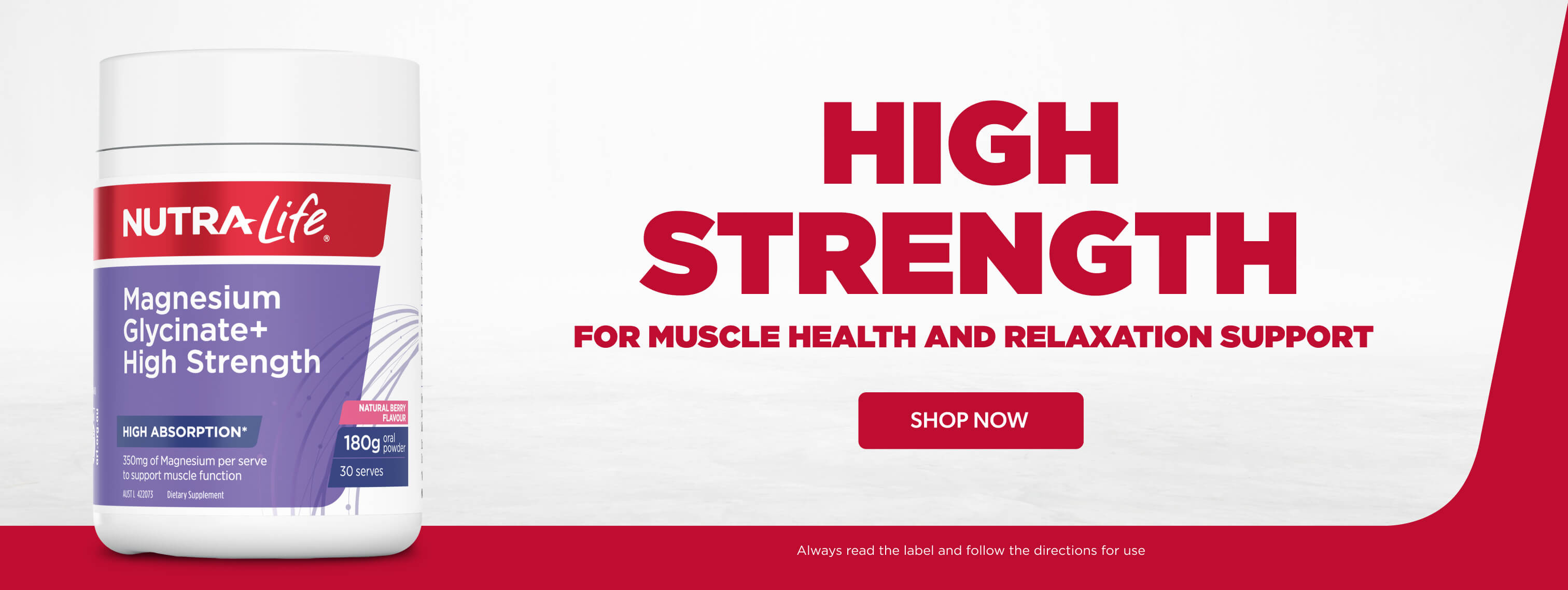 NutraLife magnesium supplement bottle with promotional text on a red and white background