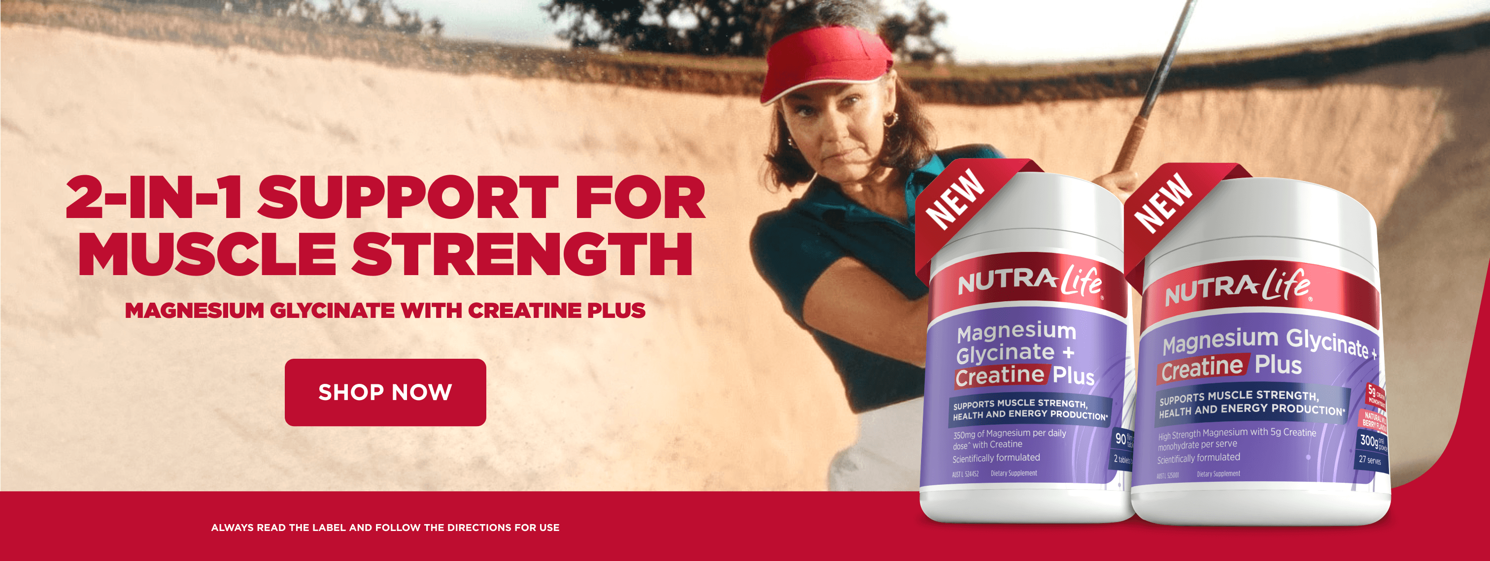 banner for Nutra-Life Magnesium Glycinate and Creatine Plus supplements. The top text reads '2-IN-1 SUPPORT FOR MUSCLE STRENGTH' and 'MAGNESIUM GLYCINATE WITH CREATINE PLUS,' with a 'SHOP NOW' button.