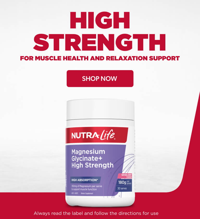 NutraLife magnesium supplement container with promotional text on a white and red background