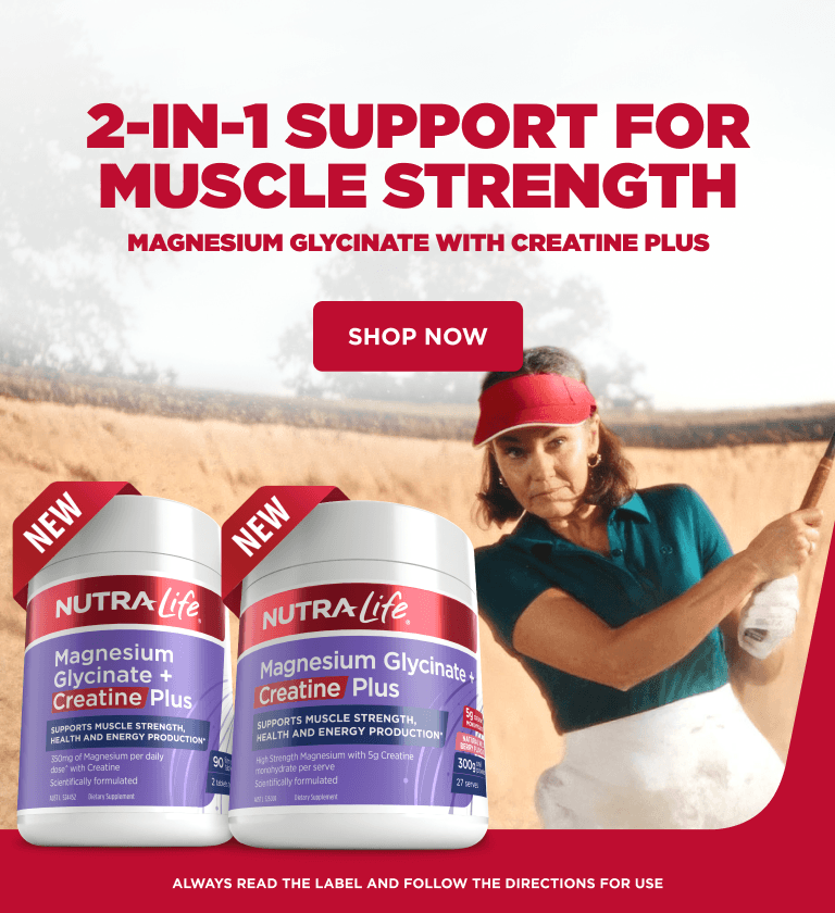 banner for Nutra-Life Magnesium Glycinate and Creatine Plus supplements. The top text reads '2-IN-1 SUPPORT FOR MUSCLE STRENGTH' and 'MAGNESIUM GLYCINATE WITH CREATINE PLUS,' with a 'SHOP NOW' button.